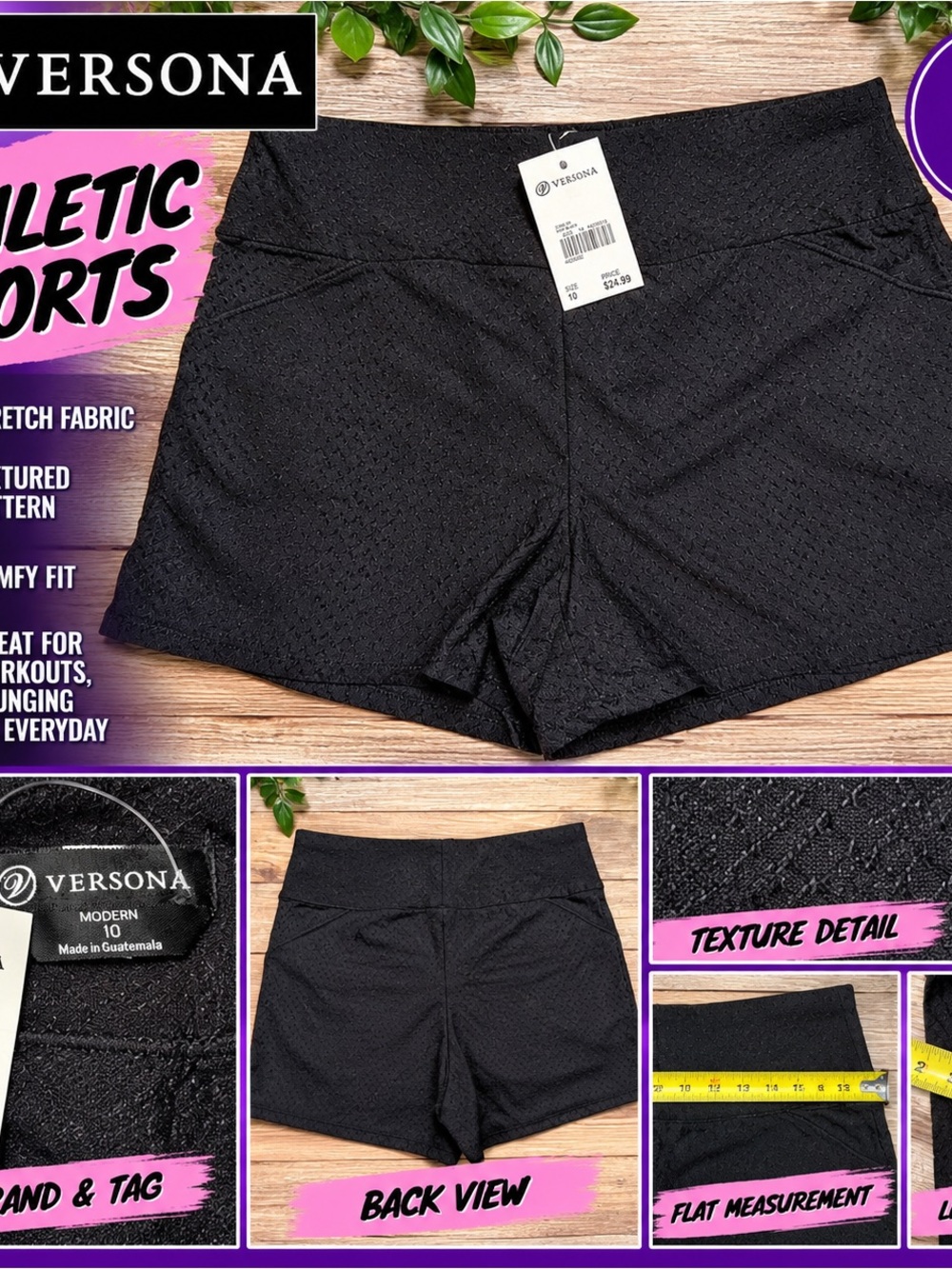 Versona Black Textured Stretch Shorts Size 10 NWT